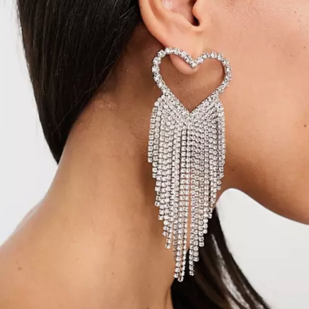 REVOLVE Glamour Rhinestone Heart Tassel Earrings